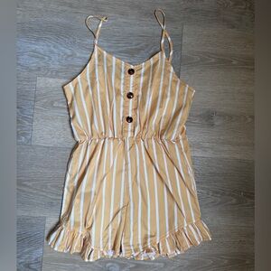 SHEIN Girls Ruffled Button Romper Mustard Yellow and White Striped Size 11-12Y